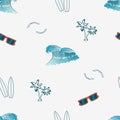 Seamless pattern with hand drawn elements - palm trees, surfboards, waves, sunglasses and gull birds. Vector