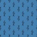 Tropical ocean seamless pattern with small shark silhouettes. Blue pastel background. Wildlife print