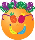 Tropical orange dude with pineapple sunglasses, bananas mouth and palms