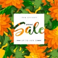 Tropical orange flower petals and green leaves. Sprin Summer Sale banner template design. Big sale special offer. Special offer