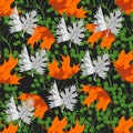 Tropical orange flowersseamless vector pattern, floral fashionable tropic background for fabric textile, exotic hawaiian floral