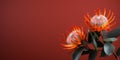 tropical orange protea flower on a dark pink background