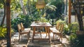 Tropical Outdoor Dining Space with Wooden Furniture Royalty Free Stock Photo