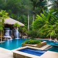 A tropical outdoor oasis with a swimming pool, a waterfall, and lush tropical landscaping4, Generative AI Royalty Free Stock Photo