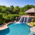 A tropical outdoor oasis with a swimming pool, a waterfall, and lush tropical landscaping3, Generative AI Royalty Free Stock Photo