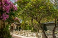 Tropical outdoor restaurant with table and chairs Royalty Free Stock Photo