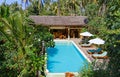 Tropical outdoor swimming pool with bar umbrellas and sunbeds, palm trees and tropical plants and flowers on a warm Royalty Free Stock Photo