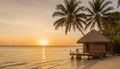 Tropical overwater bungalow at sunset Royalty Free Stock Photo