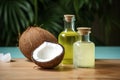 Tropical pair Fresh coconut slice and oil bottle on a table