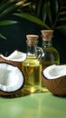 Tropical pair Fresh coconut slice and oil bottle on a table