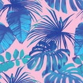 Tropical palm, banana leaves in blue style