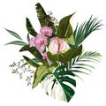 Tropical palm branches and exotic leaves, Spathiphyllum, pink orchid flower composition over white background.