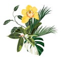 Tropical palm branches, exotic leaves and yellow orchid flower over white background. Royalty Free Stock Photo