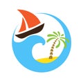 Tropical palm on island with sea and sailboat. Vector logo.