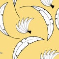 Tropical palm leaves and bananas black and white pattern on yellow background. Concept for wrapping paper or fabric.