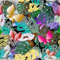 Tropical Palm leaves and butterflies seamless pattern. Exotic plants background. Feathers. Repeat colorful leafy backdrop. Floral