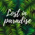 Tropical palm leaves design for text card. Lost in paradise quote. Vector illustration EPS10 Royalty Free Stock Photo