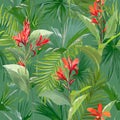 Tropical Palm Leaves and Flowers, Jungle Leaves Seamless Floral Pattern Background Royalty Free Stock Photo