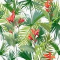 Tropical Palm Leaves and Flowers, Jungle Leaves Seamless Floral Pattern Background Royalty Free Stock Photo