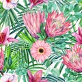 Tropical palm leaves and flowers protea, gerbera, hibiscus on white background. Seamless patterns.