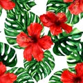 Tropical palm leaves and hibiscus flowers, summer colorful hawaiian seamless pattern wallpaper, summer print design Royalty Free Stock Photo