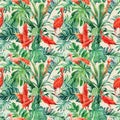 Tropical palm leaves and ibis birds on an isolated background. Watercolor illustration, seamless pattern Royalty Free Stock Photo