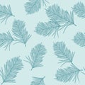 Tropical palm leaves, light blue background. Vector seamless pattern. Jungle foliage illustration. Exotic plants. Summer beach flo