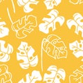 Tropical palm leaves monstera hand drawn in white lines on orange background. Seamless pattern of jungle plants in simple style Royalty Free Stock Photo