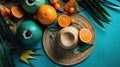 Tropical palm leaves, orange pumpkins and hat on blue background. copy space. flat lay. Royalty Free Stock Photo