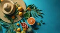Tropical palm leaves, orange pumpkins and hat on blue background. copy space. flat lay. Royalty Free Stock Photo