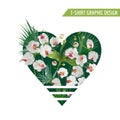 Tropical Palm Leaves and Orchid Flowers Heart Background