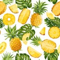 Tropical Palm Leaves, Pineapple Fruit Seamless Texture, Tropic Jungle Pattern, Colorful Vector Fruits Background Royalty Free Stock Photo