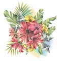 Tropical palm leaves with red hibiscus flowers, yellow flowers and seashells. Watercolor illustration. Composition from Royalty Free Stock Photo