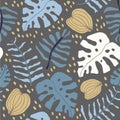 Tropical palm monstera leaves seamless pattern