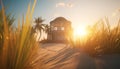 Tropical palm tree hut, back lit by sunset yellow heat generated by AI Royalty Free Stock Photo