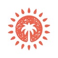 Tropical palm tree silhouette circle sun beams red logotype grunge texture vector illustration Royalty Free Stock Photo