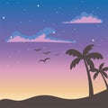 Tropical palm trees birds sunset clouds stars sky scene