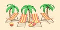 Tropical palm trees and deck chairs on beach at resort. Summer 3d realistic objects. Vector illustration