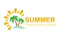 Tropical palm trees island on sandy beach with sun. Summer vacation . Logo design. Vector illustration Royalty Free Stock Photo