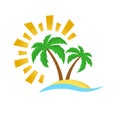 Tropical palm trees island on sandy beach with sun. Summer vacation . Logo design. Vector illustration Royalty Free Stock Photo