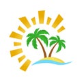 Tropical palm trees island on sandy beach with sun. Summer vacation . Logo design. Vector illustration Royalty Free Stock Photo
