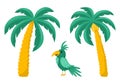 Tropical palm trees and a parrot. Exotic plant and animal. Palm tree with bananas. Vector illustration in a flat cartoon Royalty Free Stock Photo