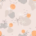 Tropical palm trees pattern. Hand drawn vector illustration. Good for swimwear, fabric or decoration. Abstract shapes. Boho Minima