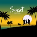 Vector of Tropical palm trees and silhouettes of travelers Royalty Free Stock Photo