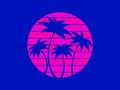 Tropical palm trees at sunset in a futuristic 80s style. Summer time, silhouettes of palm trees in synthwave and retrowave style. Royalty Free Stock Photo
