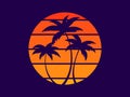 Tropical palm trees at sunset in a futuristic 80s style. Summer time, silhouettes of palm trees in synthwave and retrowave style. Royalty Free Stock Photo