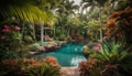 Tropical palm trees sway in idyllic, green landscape near swimming pool generated by AI