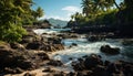 Tropical palm trees sway by the tranquil waters generated by AI