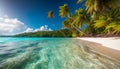 Tropical palm trees sway in turquoise waters, a tranquil paradise generated by AI