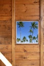 Tropical palm trees view from wooden window Royalty Free Stock Photo